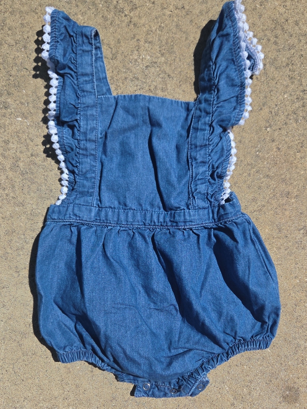 Old Navy Blue Denim Bubble Romper with White Lace Trim